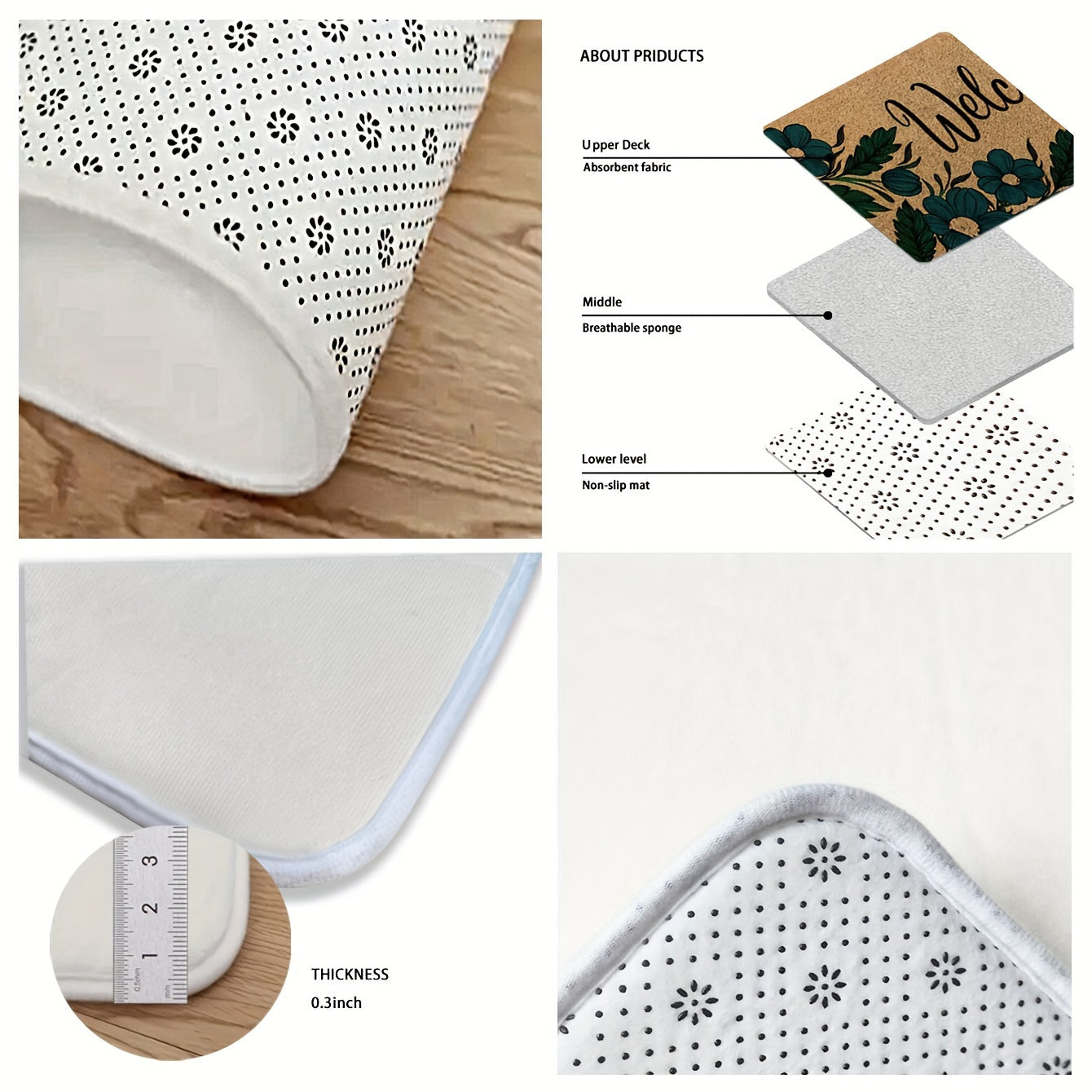 Alfombra de bienvenida con flores en color marrón - Antideslizante, resistente a las manchas de poliéster con respaldo de esponja, ideal para entrada, cocina, sala de estar y más