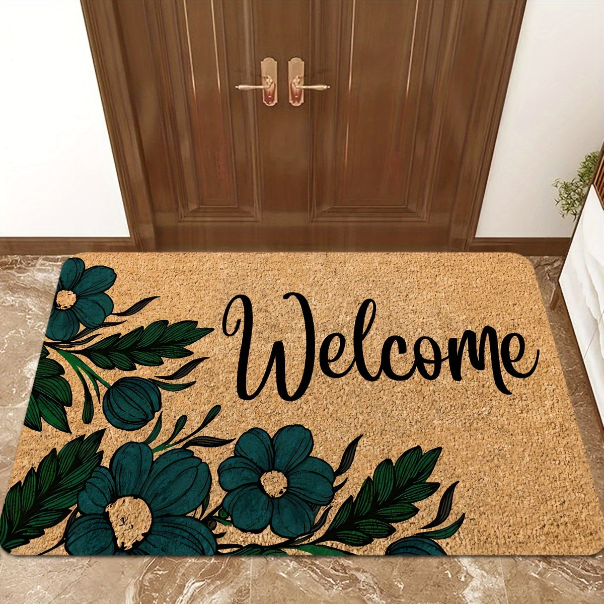 Alfombra de bienvenida con flores en color marrón - Antideslizante, resistente a las manchas de poliéster con respaldo de esponja, ideal para entrada, cocina, sala de estar y más