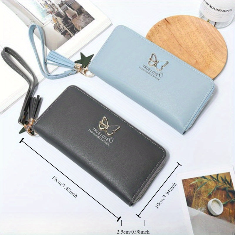 Faux Leather Butterfly Wallet with Wristlet Card Slots Zipper Closure Animal Pattern Black