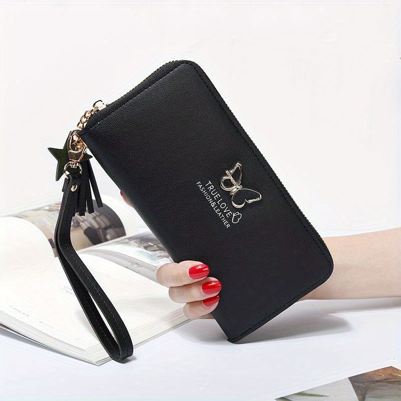 Faux Leather Butterfly Wallet with Wristlet Card Slots Zipper Closure Animal Pattern Black