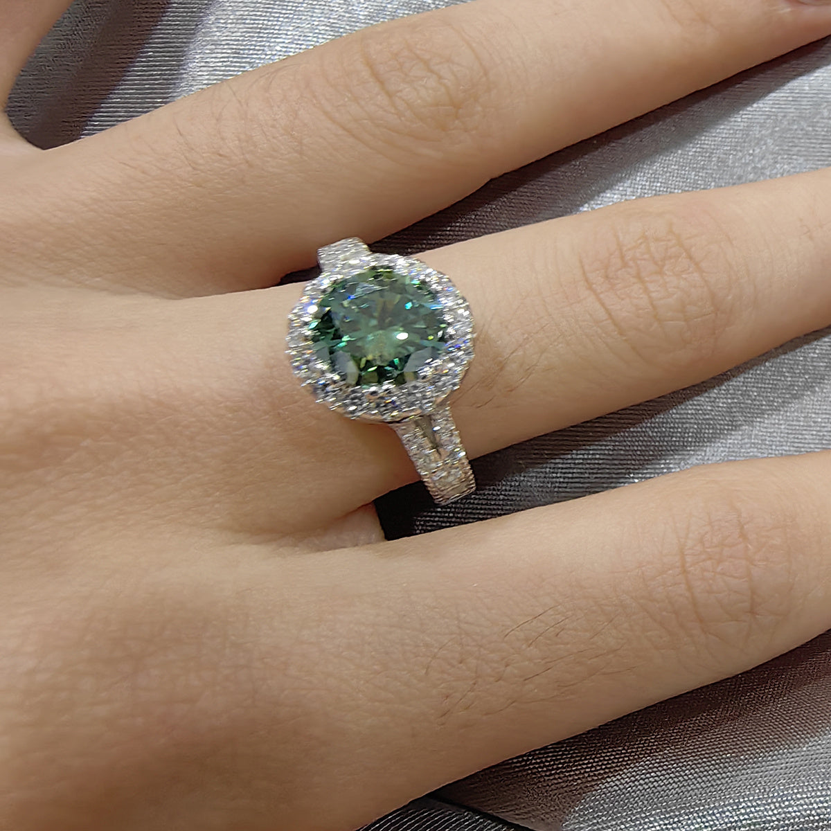 Green Moissanite Engagement Ring 2 Carat Sterling Silver for Couples and Celebrations