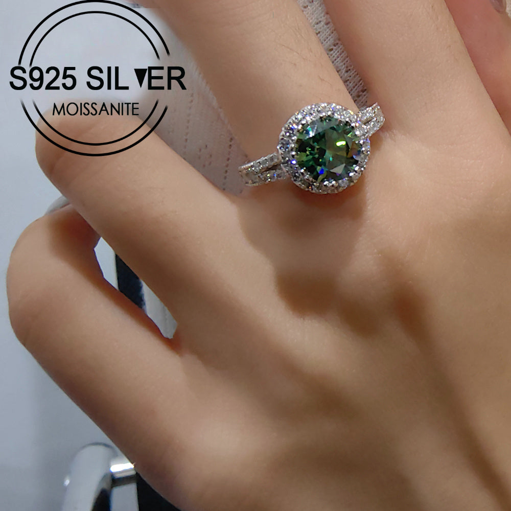 Green Moissanite Engagement Ring 2 Carat Sterling Silver for Couples and Celebrations