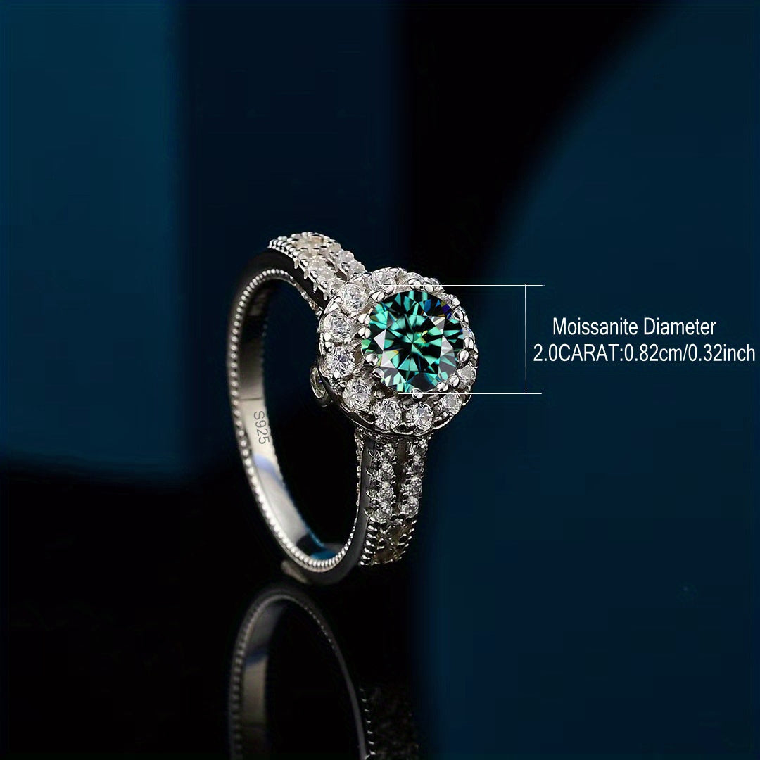 Green Moissanite Engagement Ring 2 Carat Sterling Silver for Couples and Celebrations