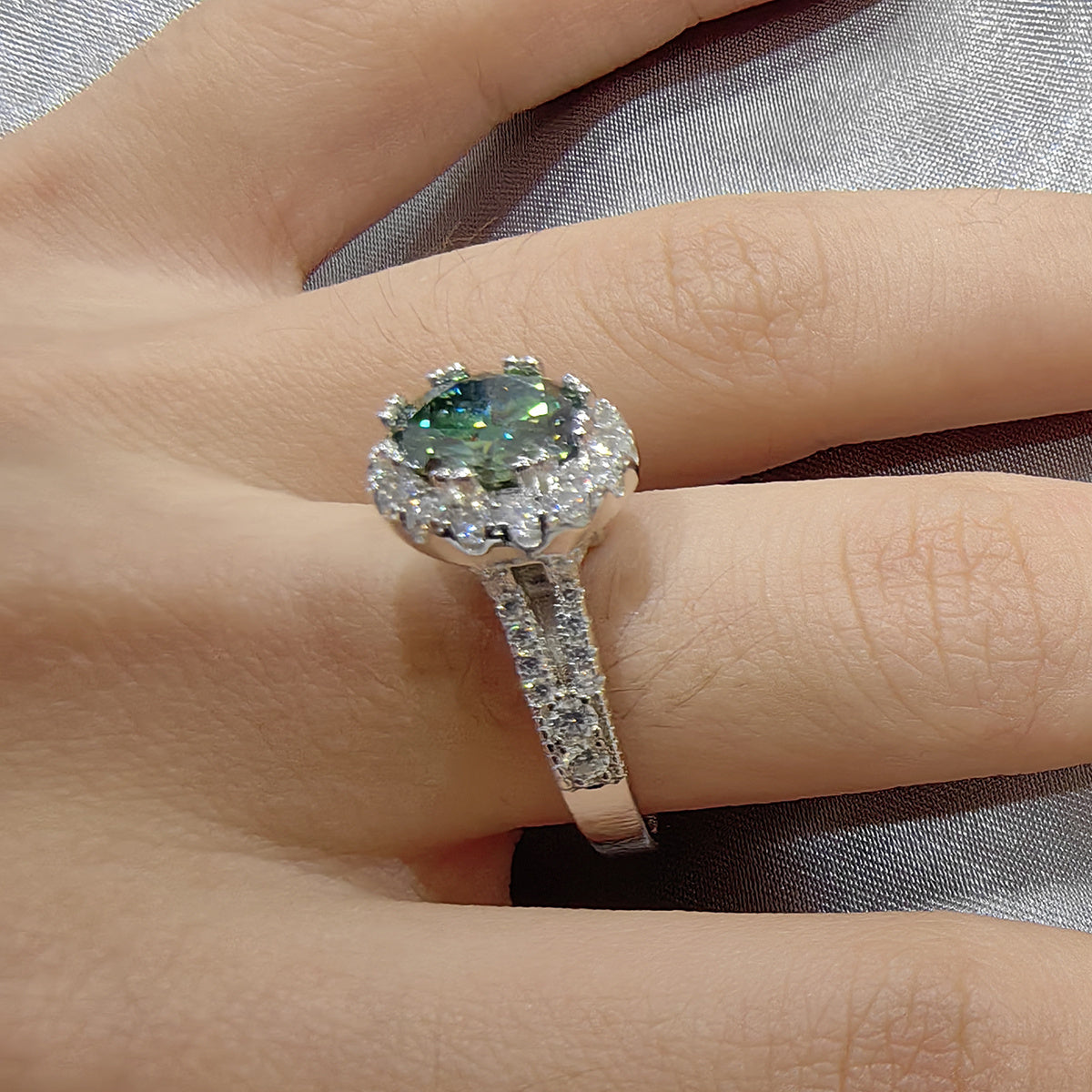 Green Moissanite Engagement Ring 2 Carat Sterling Silver for Couples and Celebrations
