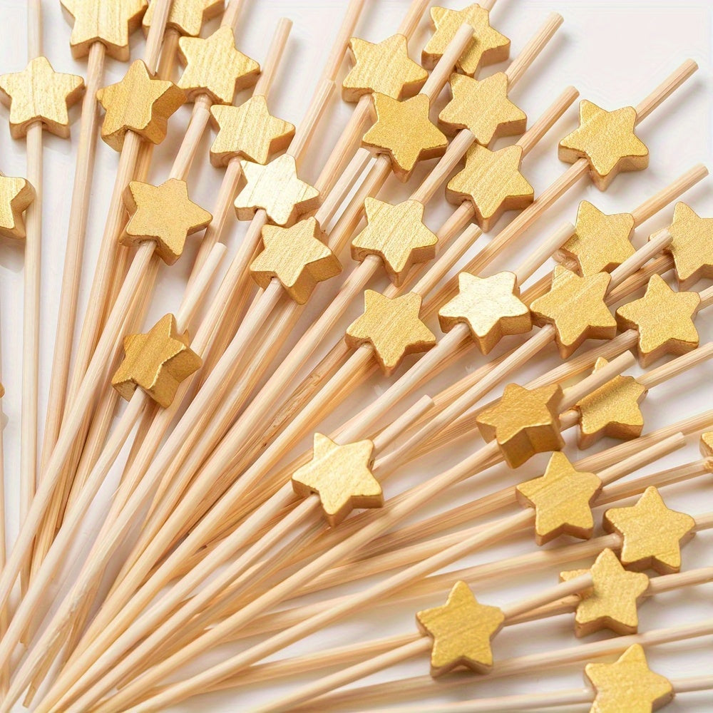 Golden Star Wooden Cocktail Picks Set for Party Decor Kitchen Dining