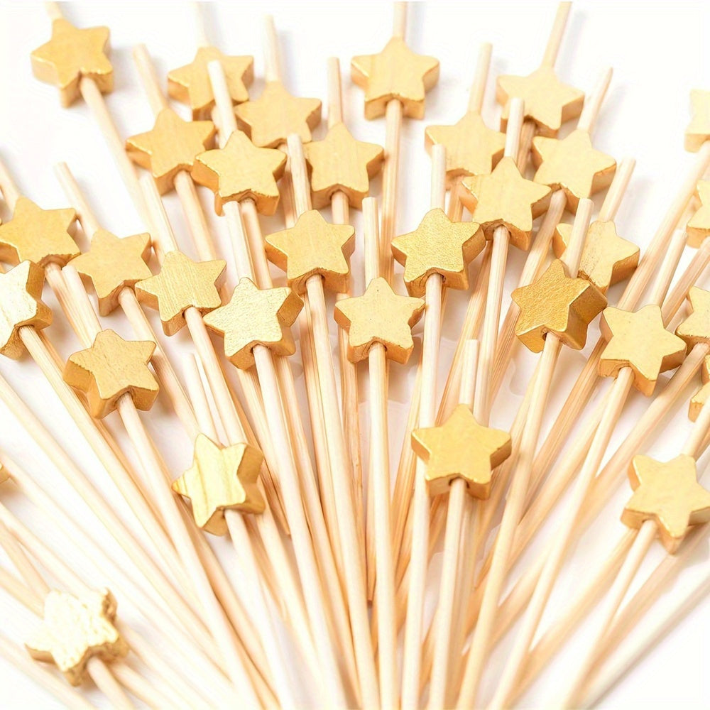 Golden Star Wooden Cocktail Picks Set for Party Decor Kitchen Dining