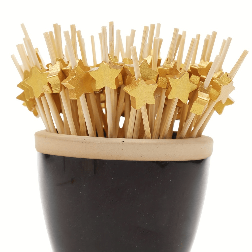 Golden Star Wooden Cocktail Picks Set for Party Decor Kitchen Dining
