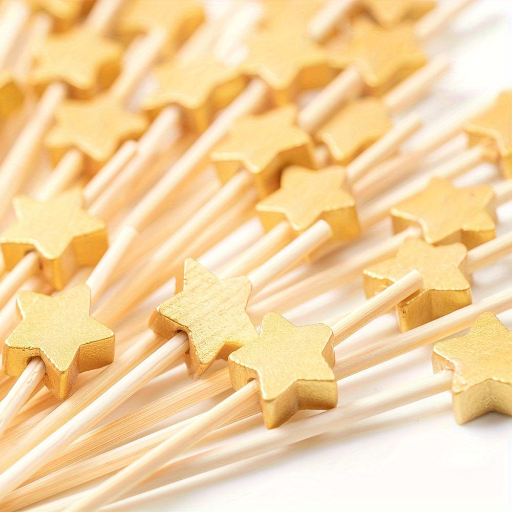 Golden Star Wooden Cocktail Picks Set for Party Decor Kitchen Dining