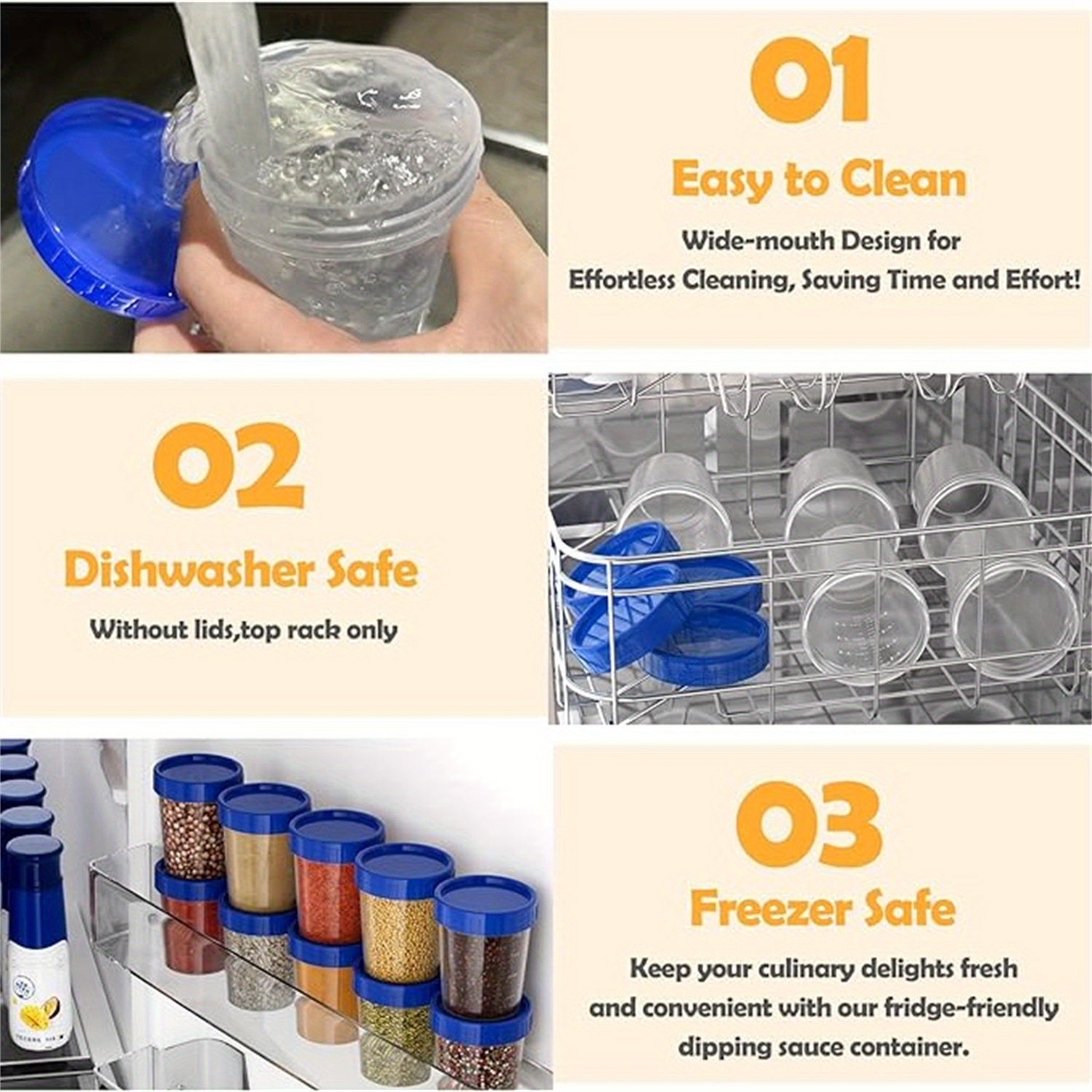 10 dona oqmas salat soslari idishlari, burama qopqoq bilan, har biri 4oz sig‘imga ega - qayta ishlatiladigan, to‘plangan plastikdan tayyorlangan, snacklar va ketchup uchun mukammal - oshxonada muzlatgichda saqlash uchun mos.