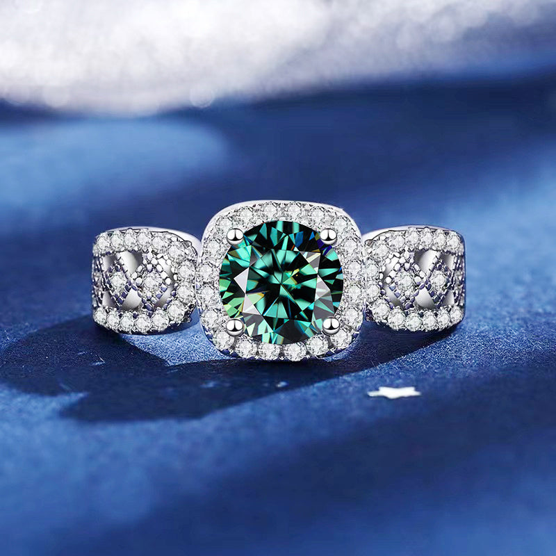 Sterling Silver Wedding Band with Green Moissanite 1 Carat Gold Plated Lace Pattern for Engagement and Proposal