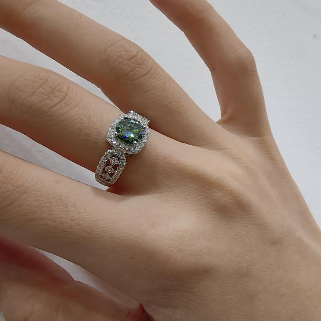 Sterling Silver Wedding Band with Green Moissanite 1 Carat Gold Plated Lace Pattern for Engagement and Proposal