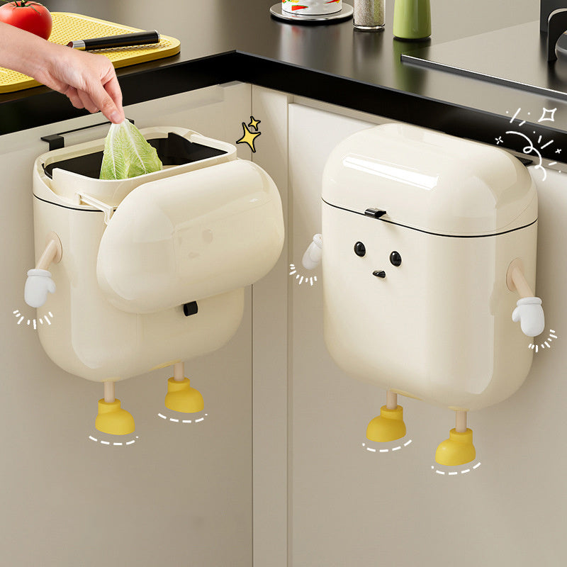 Cartoon Wall-Mounted Trash Can with Lid Large Capacity White Plastic Kitchen Bathroom