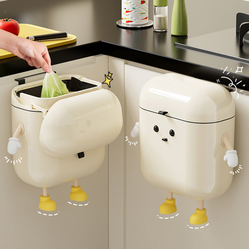 Cartoon Wall-Mounted Trash Can with Lid Large Capacity White Plastic Kitchen Bathroom