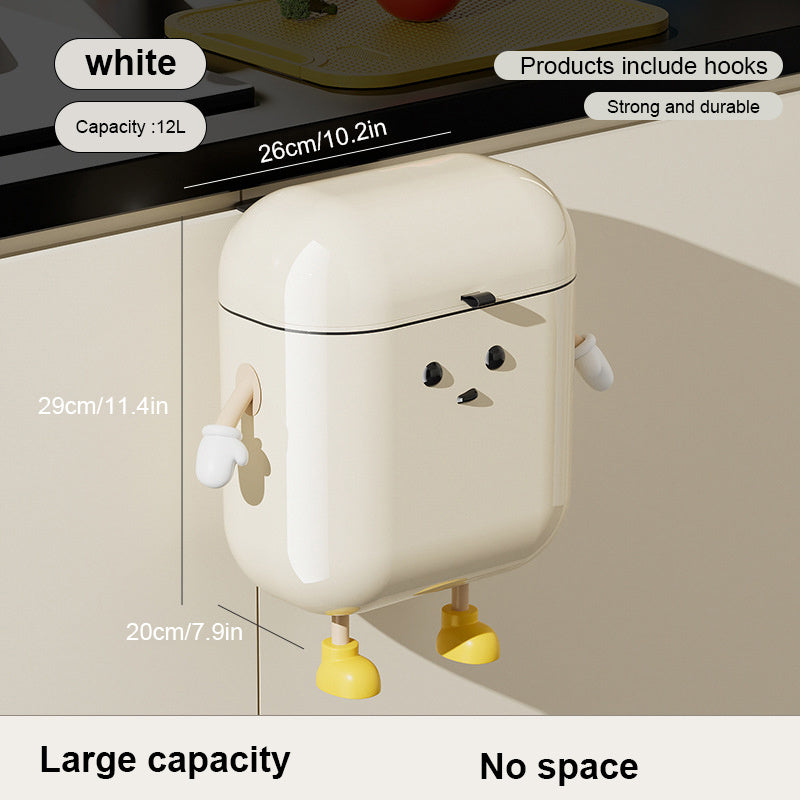 Cartoon Wall-Mounted Trash Can with Lid Large Capacity White Plastic Kitchen Bathroom