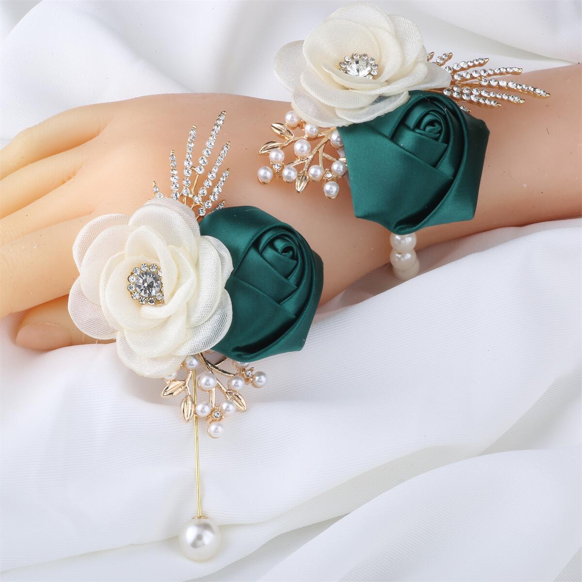 Elegant Cream and Emerald Silk Wedding Boutonniere with Crystal and Pearl Accents