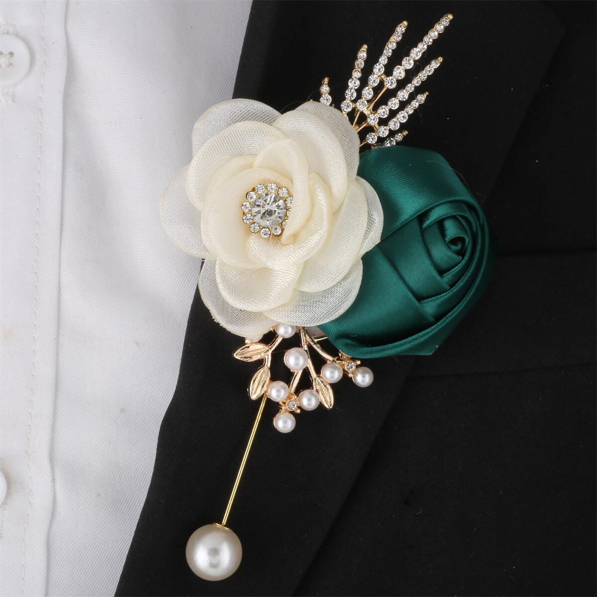Elegant Cream and Emerald Silk Wedding Boutonniere with Crystal and Pearl Accents