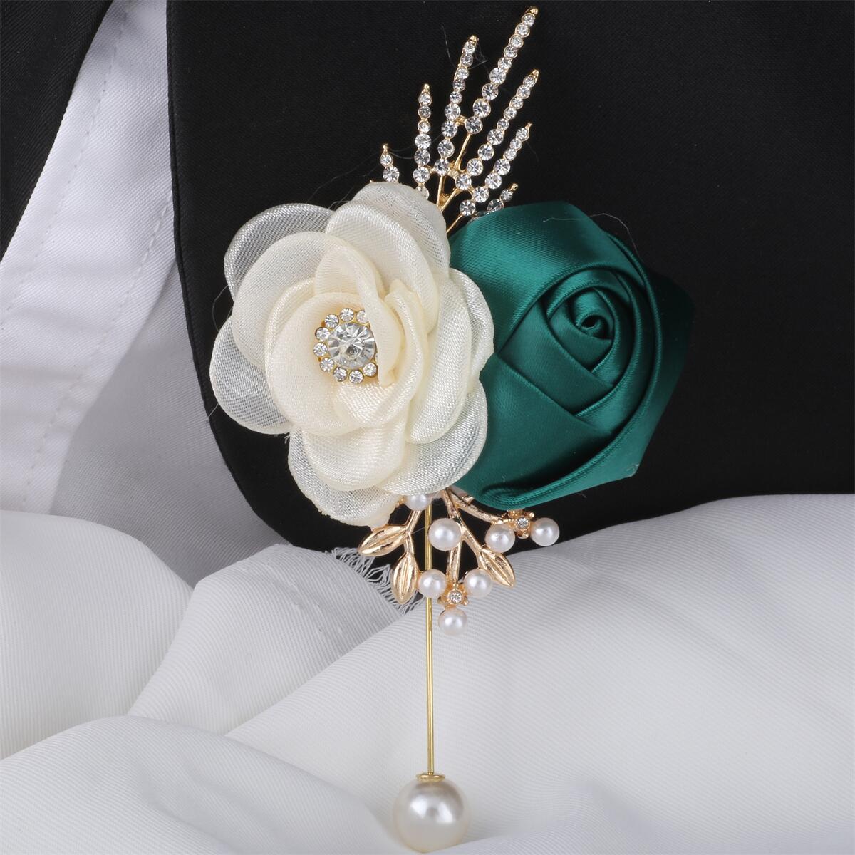 Elegant Cream and Emerald Silk Wedding Boutonniere with Crystal and Pearl Accents