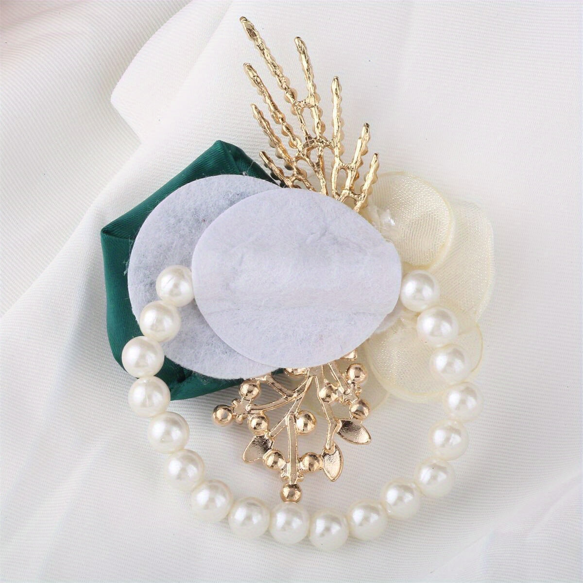 Elegant Cream and Emerald Silk Wedding Boutonniere with Crystal and Pearl Accents