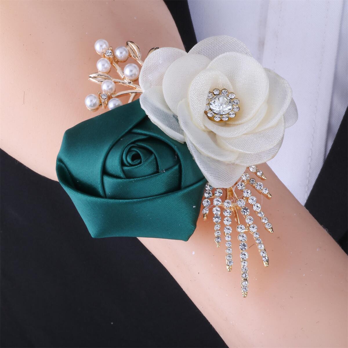 Elegant Cream and Emerald Silk Wedding Boutonniere with Crystal and Pearl Accents