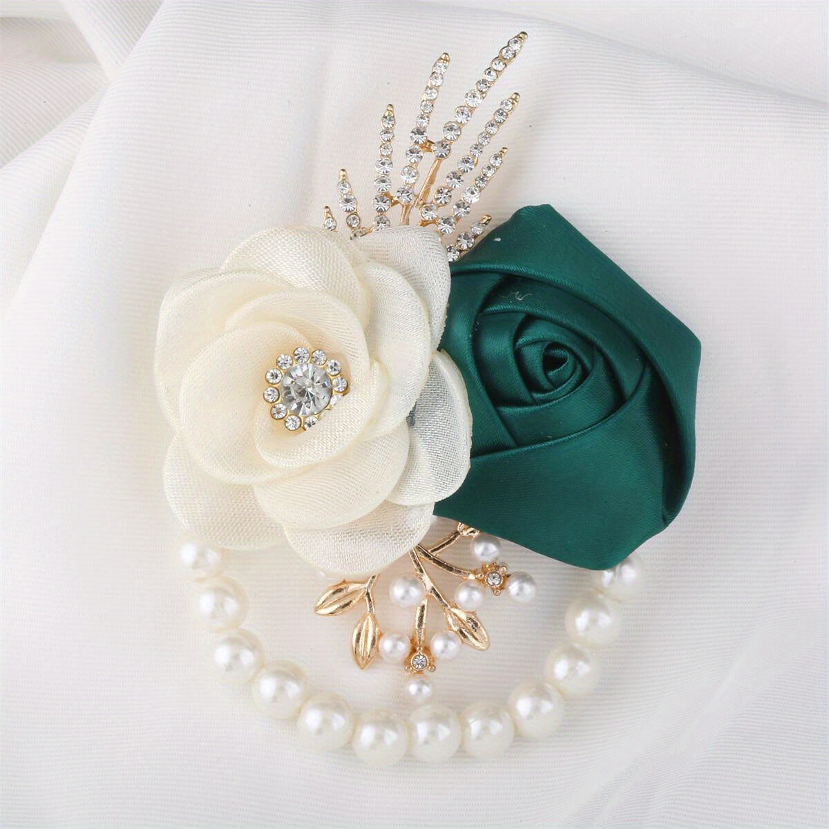 Elegant Cream and Emerald Silk Wedding Boutonniere with Crystal and Pearl Accents