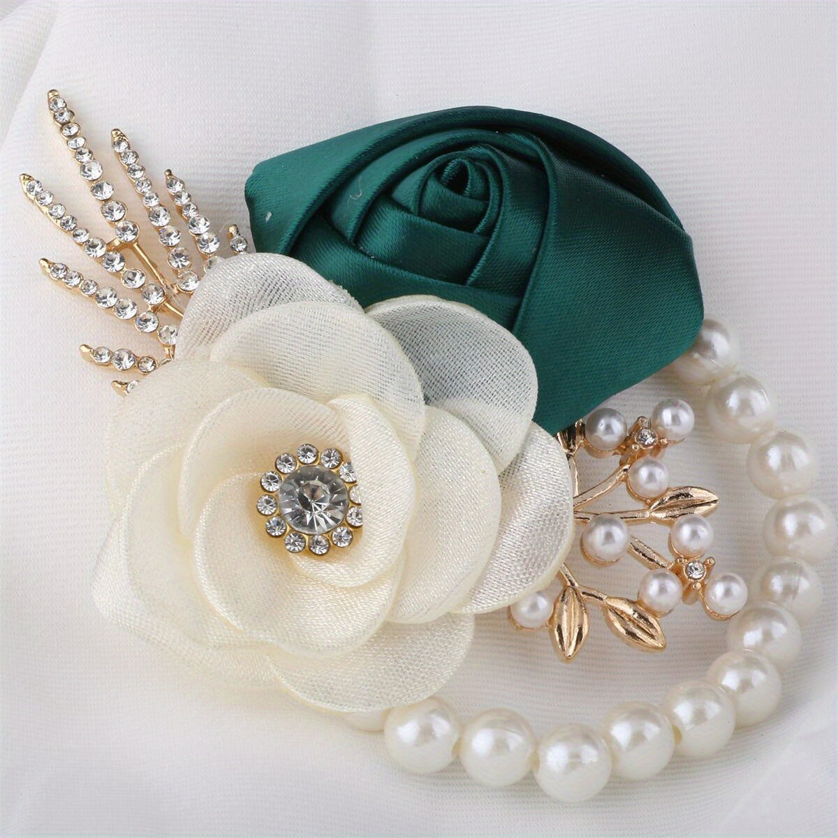 Elegant Cream and Emerald Silk Wedding Boutonniere with Crystal and Pearl Accents