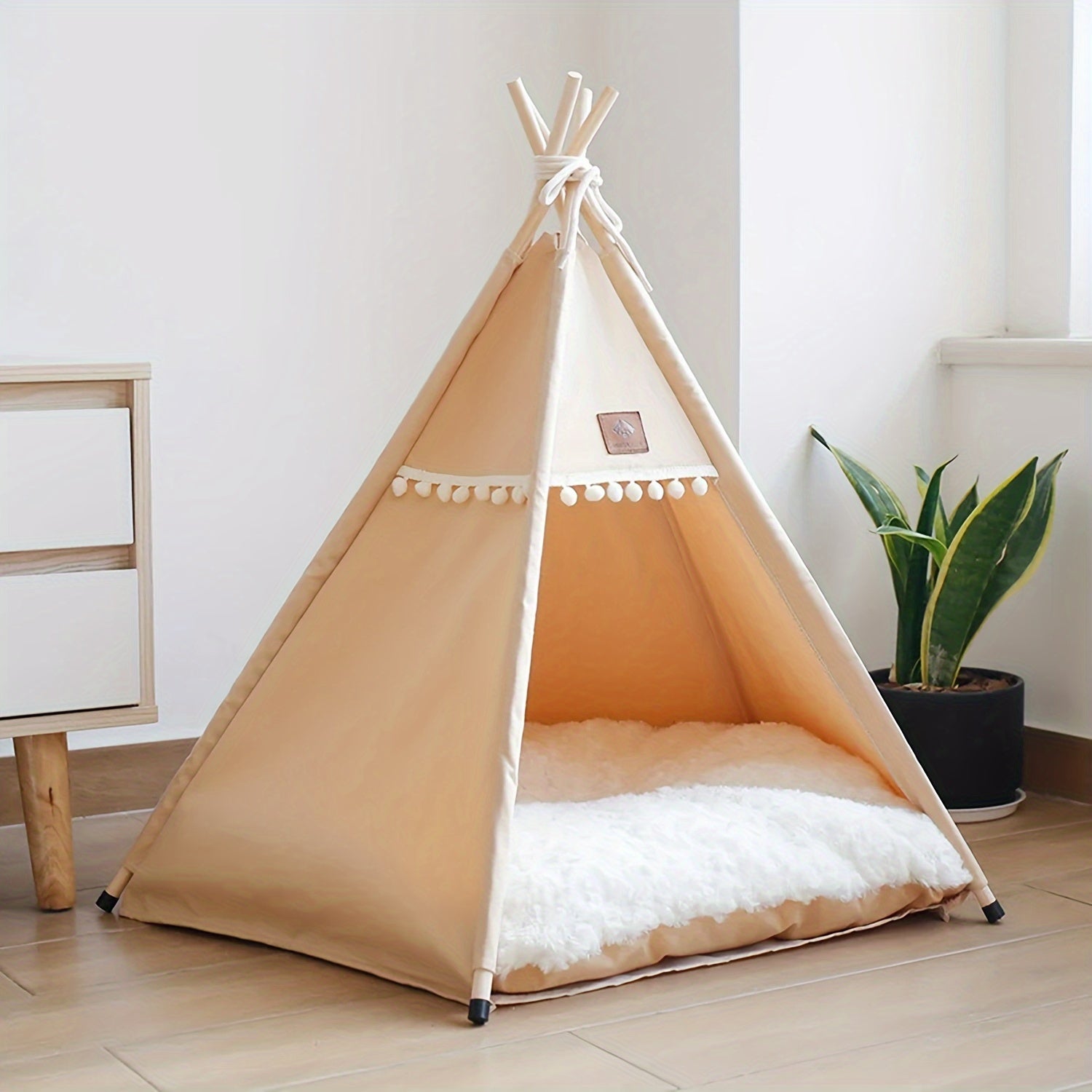 Tienda tipi para gatos beige con cojín lavable y acogedor para un sueño profundo