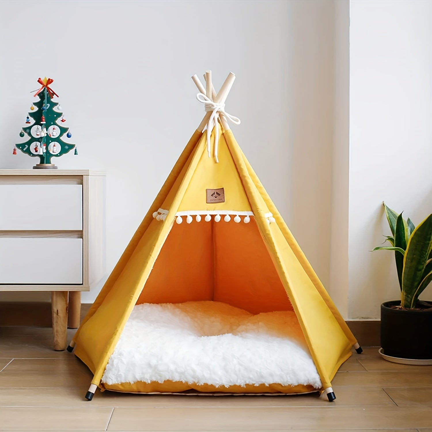 Tienda tipi para gatos beige con cojín lavable y acogedor para un sueño profundo
