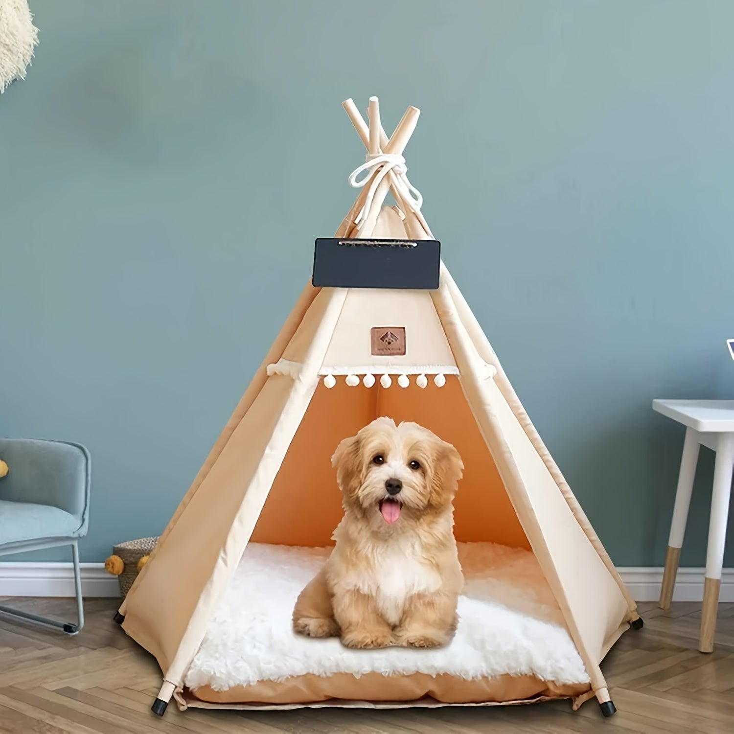 Tienda tipi para gatos beige con cojín lavable y acogedor para un sueño profundo