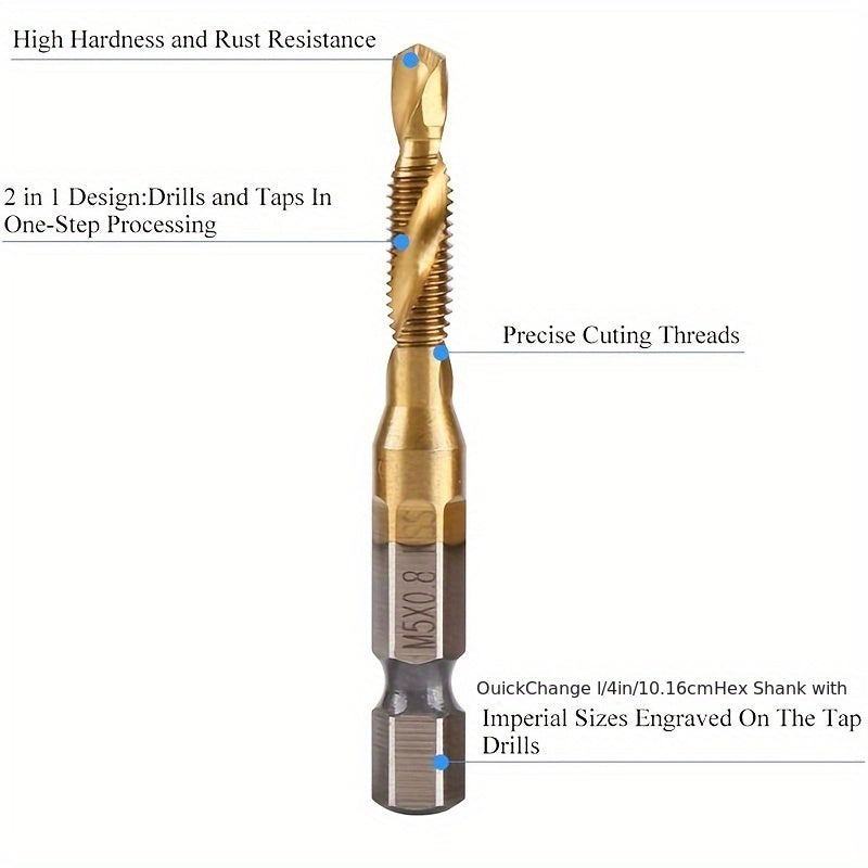6-Piece Titanium Drill Tap Combination Bit Set for Metric Thread M3-M10 High-Speed Steel