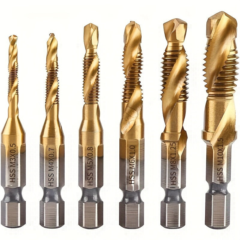 6-Piece Titanium Drill Tap Combination Bit Set for Metric Thread M3-M10 High-Speed Steel