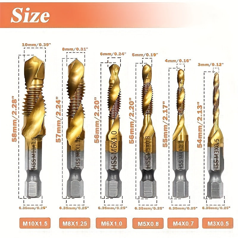 6-Piece Titanium Drill Tap Combination Bit Set for Metric Thread M3-M10 High-Speed Steel