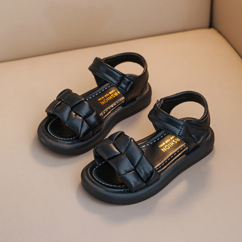 Girls' Summer Open Toe Princess Sandals with Plaid and Solid Colors Low Top Rubber Sole