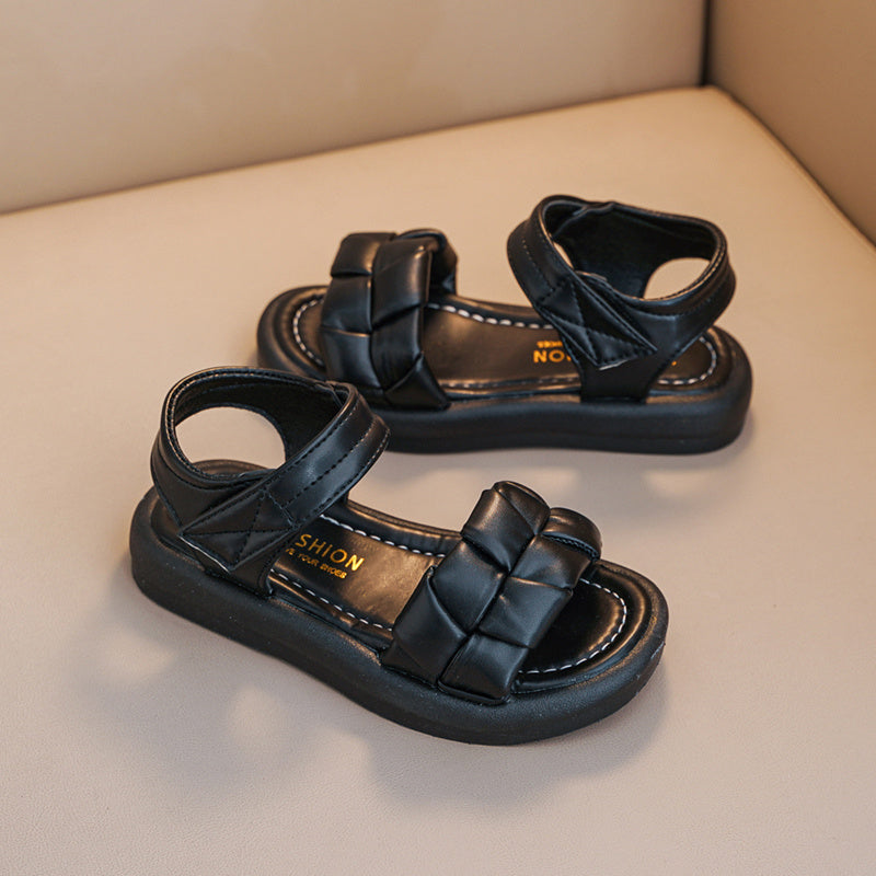 Girls' Summer Open Toe Princess Sandals with Plaid and Solid Colors Low Top Rubber Sole