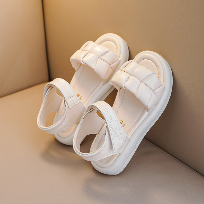 Girls' Summer Open Toe Princess Sandals with Plaid and Solid Colors Low Top Rubber Sole