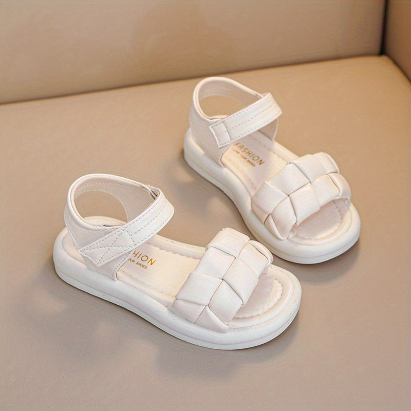 Girls' Summer Open Toe Princess Sandals with Plaid and Solid Colors Low Top Rubber Sole