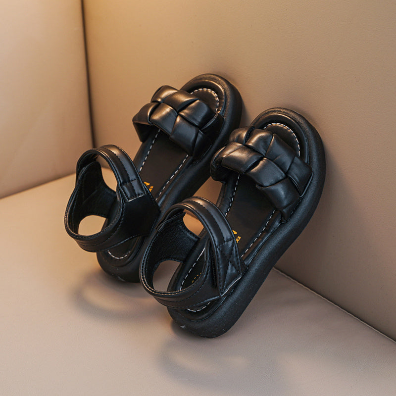 Girls' Summer Open Toe Princess Sandals with Plaid and Solid Colors Low Top Rubber Sole