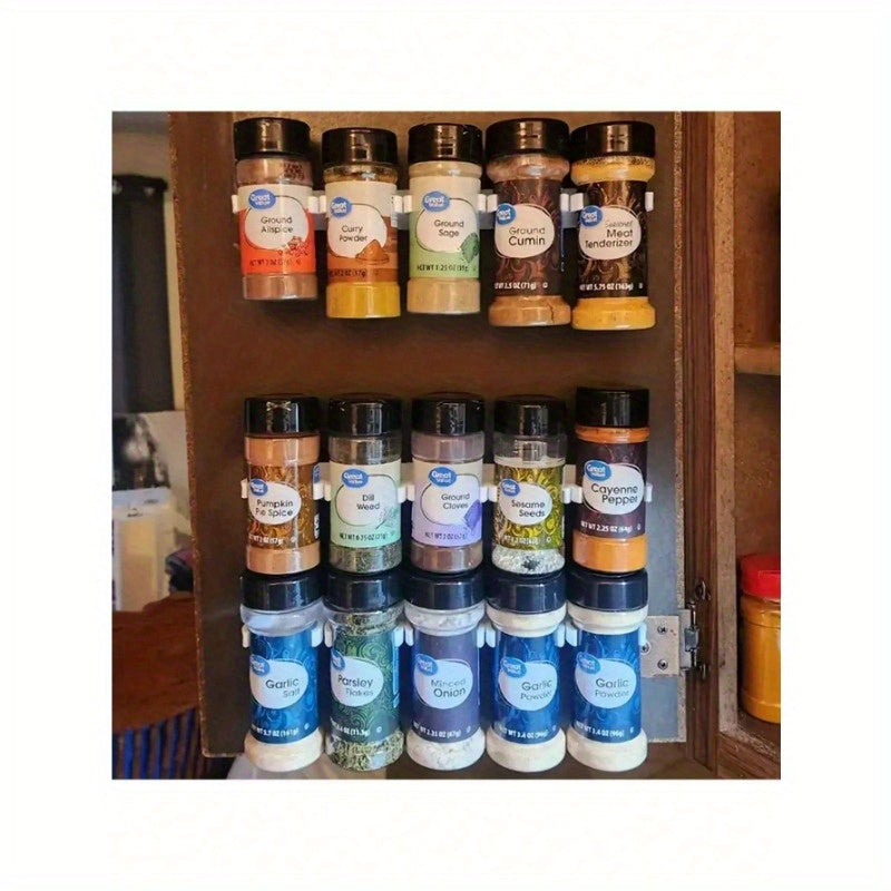 20 ta oshxona ziravorlari racklari to'plami - 4 qator kliplari va ziravor shishalari uchun ushlagichlar bilan birga, uylar va restoranlarda joyni tejash uchun mukammal.