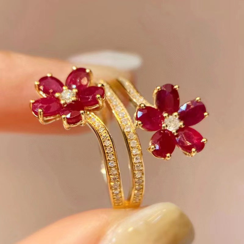 Red Floral Adjustable Ring with Cubic Zirconia for Engagements and Weddings