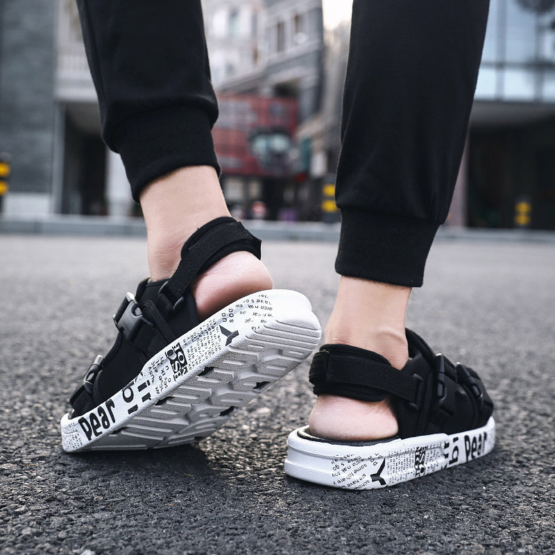 Men's Black Fabric Sandals with Yellow Dear Print Hook and Loop Fastener Anti-Skid Rubber Sole