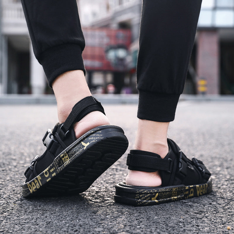 Men's Black Fabric Sandals with Yellow Dear Print Hook and Loop Fastener Anti-Skid Rubber Sole