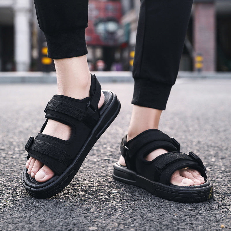 Men's Black Fabric Sandals with Yellow Dear Print Hook and Loop Fastener Anti-Skid Rubber Sole