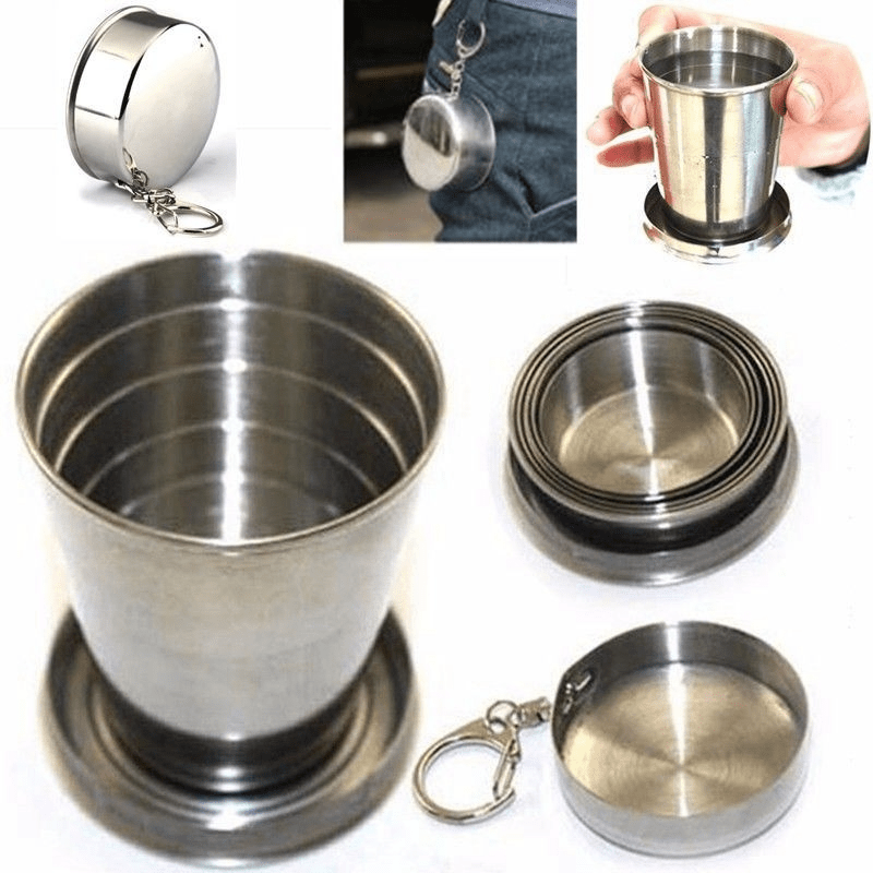 75ml Stainless Steel Folding Travel Mug with Keychain for Camping and Hiking