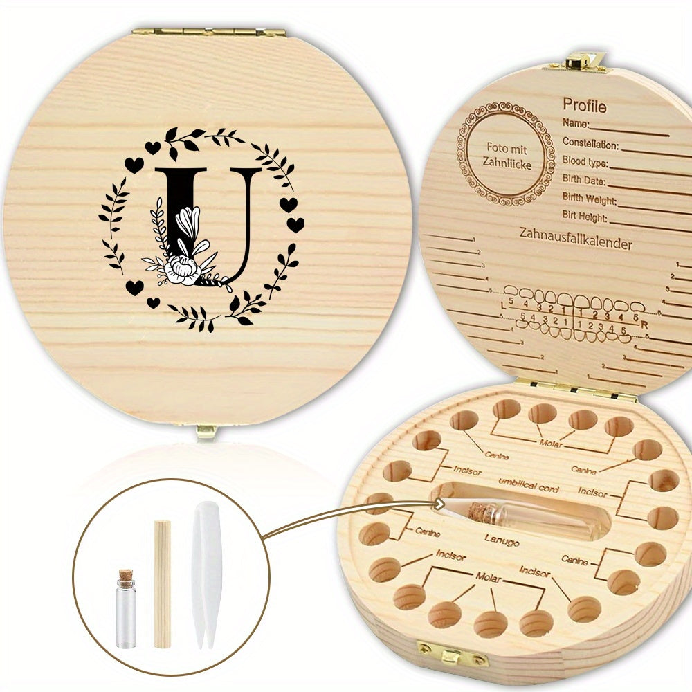 Wooden Keepsake Box with Garland Letter Print Cork Lined for Lost Tooth Storage