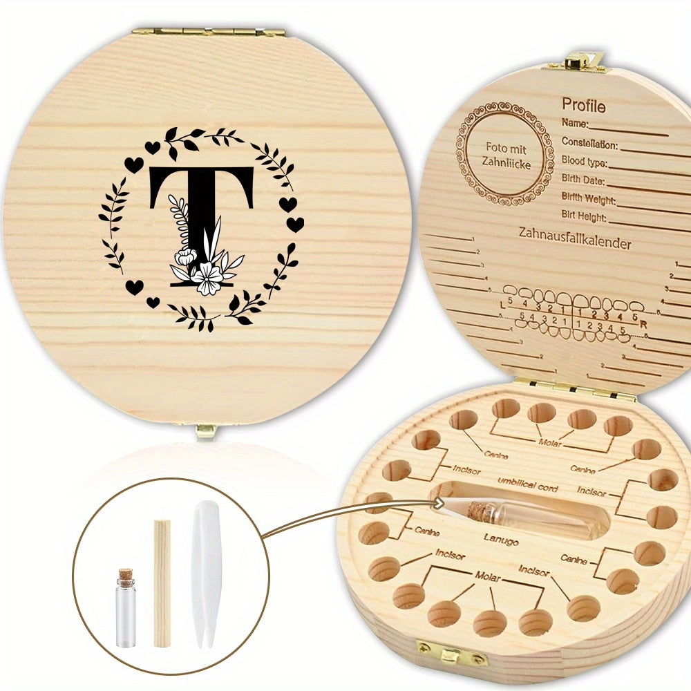 Wooden Keepsake Box with Garland Letter Print Cork Lined for Lost Tooth Storage