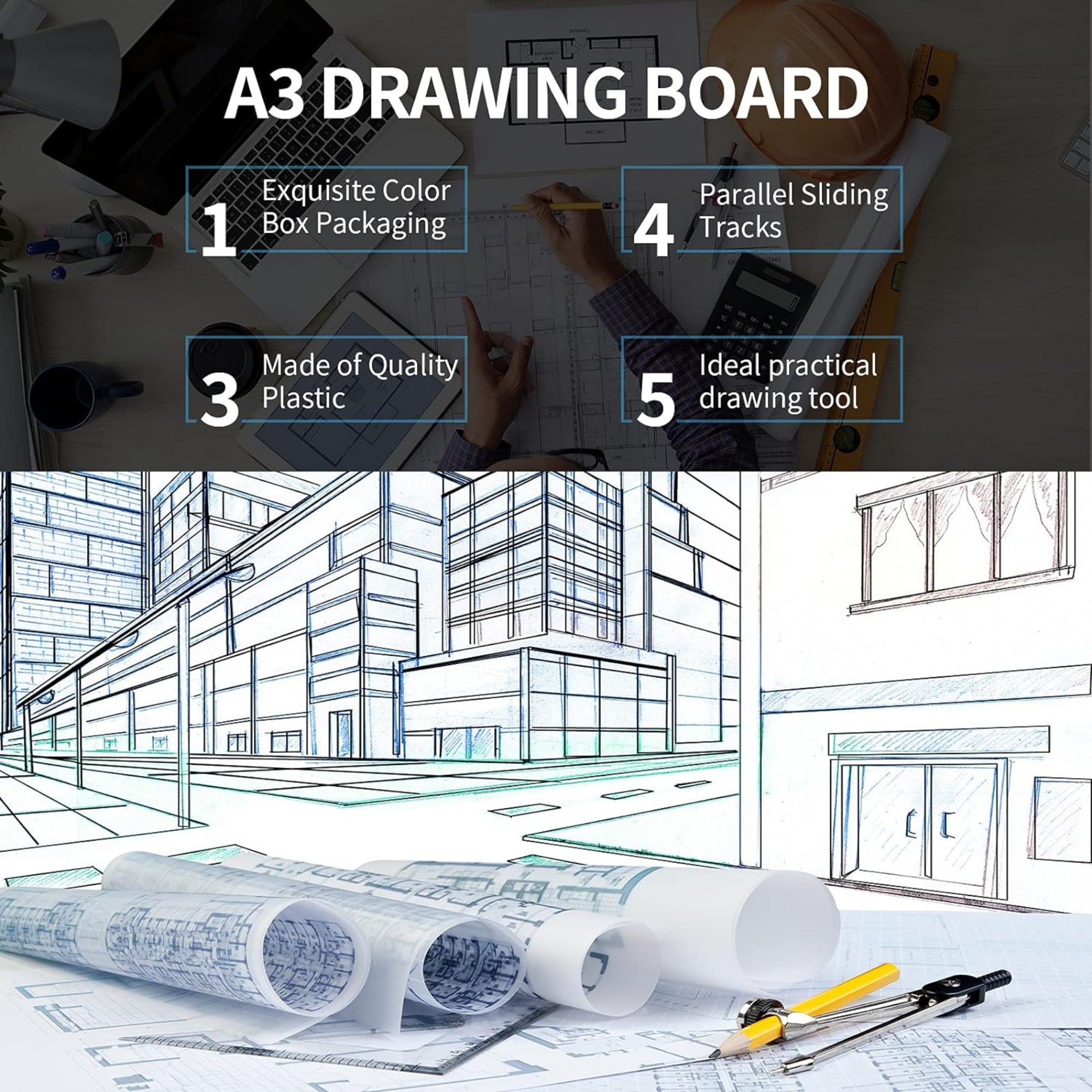 Portable Drawing Board with Parallel Motion, Adjustable Angle, Clear Ruler for Adults