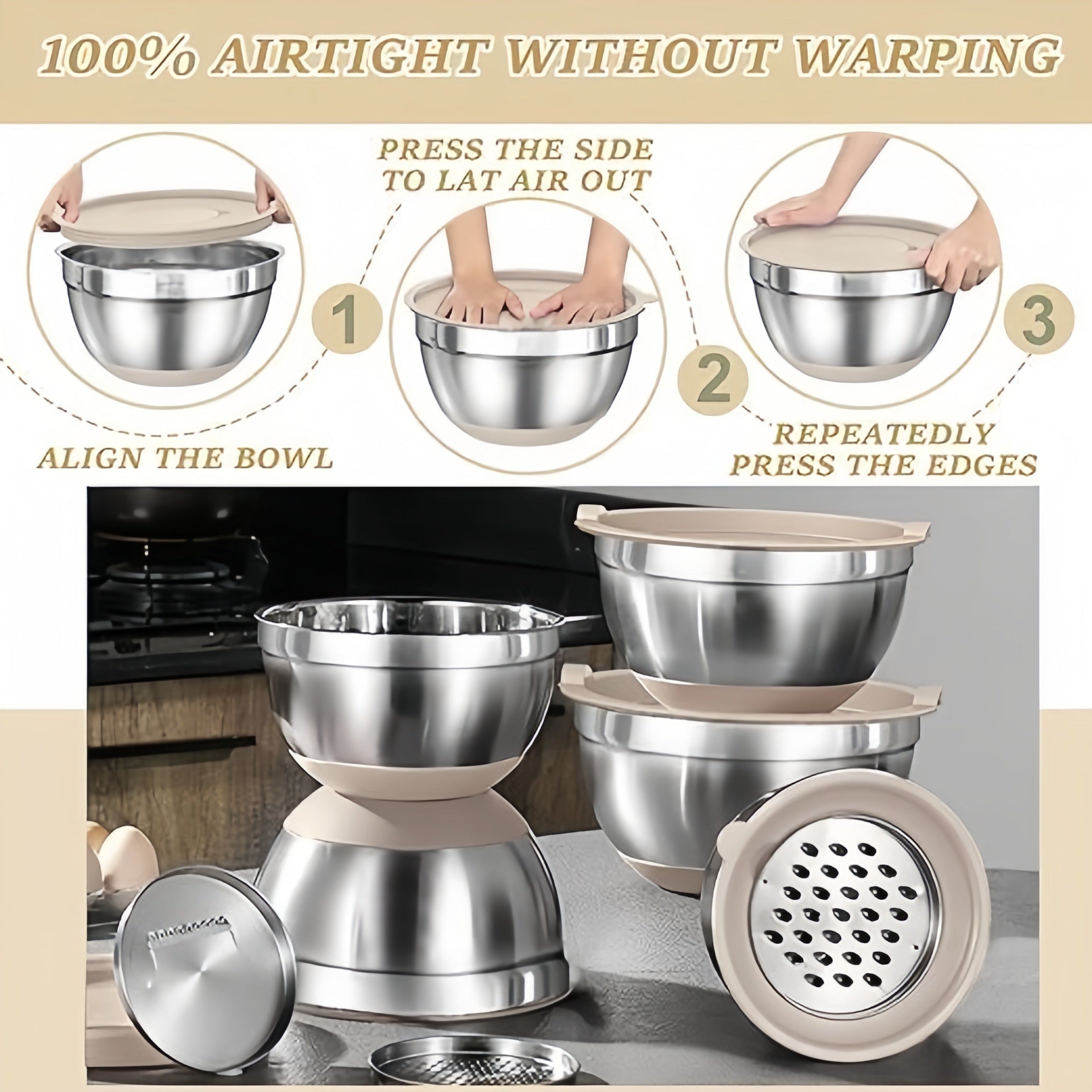 6-Piece Stainless Steel Mixing Bowl Set with Airtight Lids and Grater Attachments