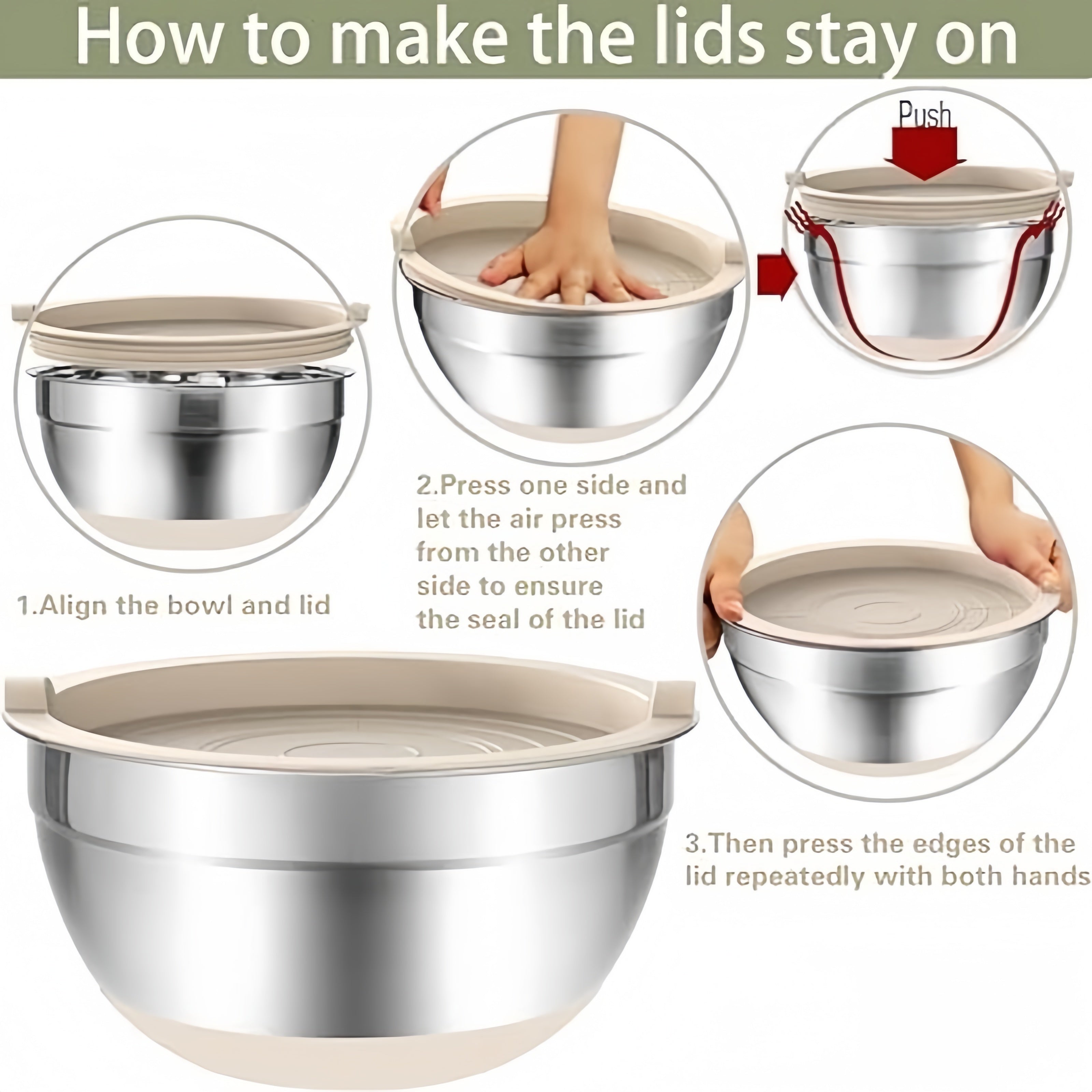 6-Piece Stainless Steel Mixing Bowl Set with Airtight Lids and Grater Attachments