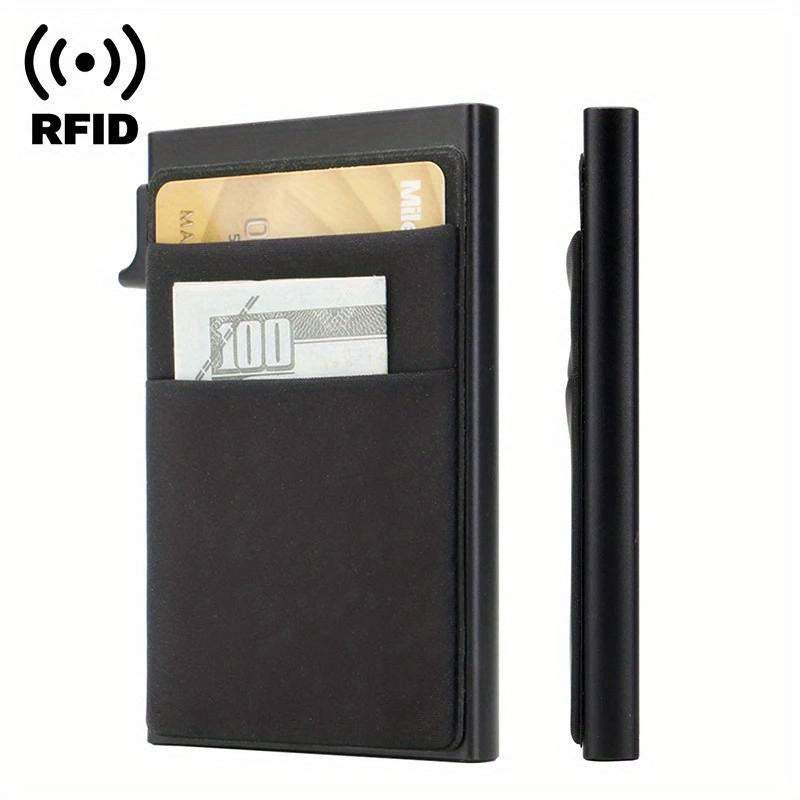 Men's RFID-Blocking Credit Card Holder with Coin Slot Aluminum Alloy Solid Black