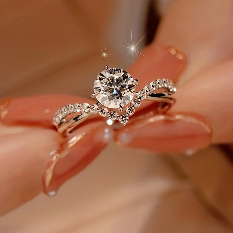 Sterling Silver Moissanite Engagement Ring 1 Carat Round Cut V-Shaped Wedding Band Gold Plated