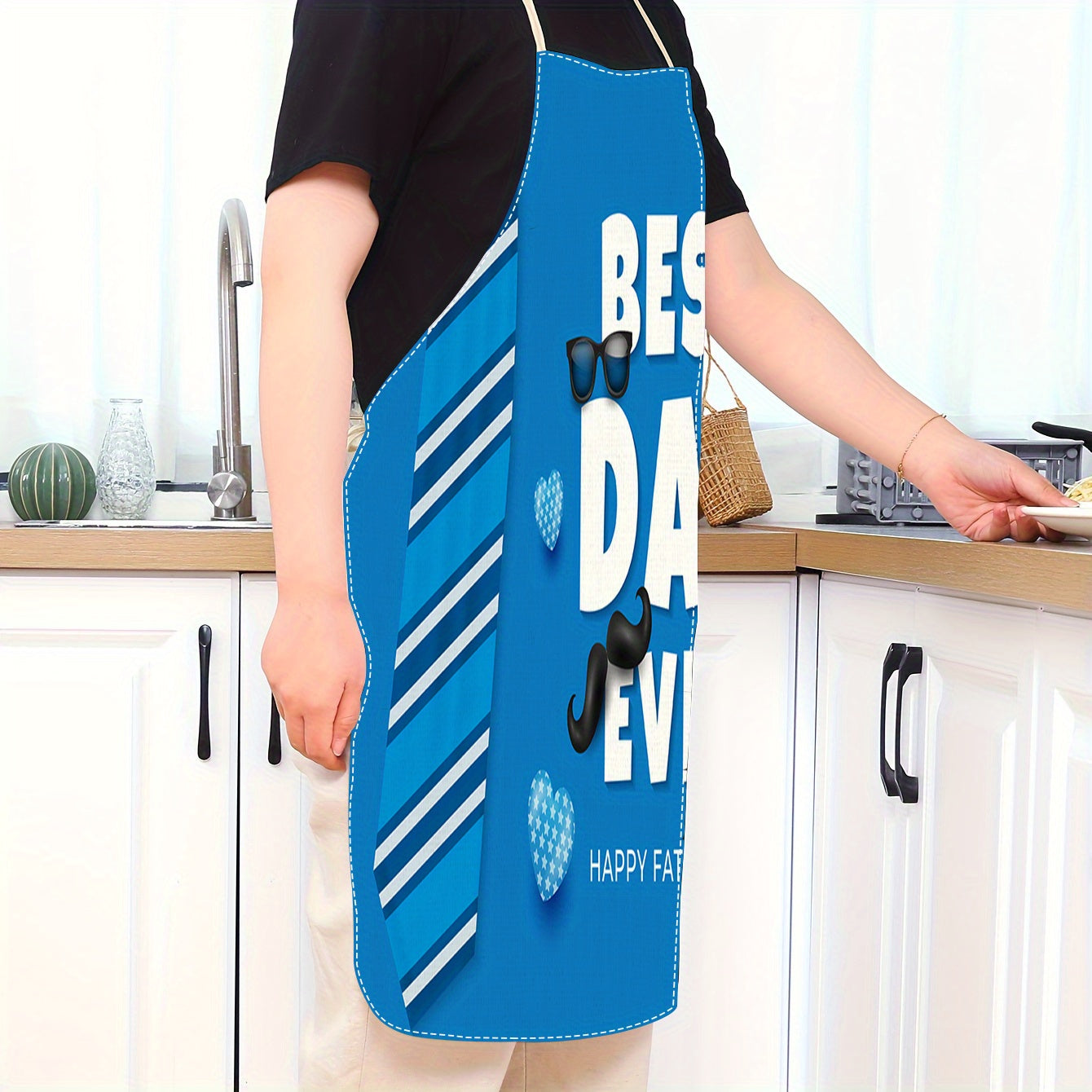 Father's Day Chef Apron Durable Oil-Resistant Linen with Tie and Glasses Print